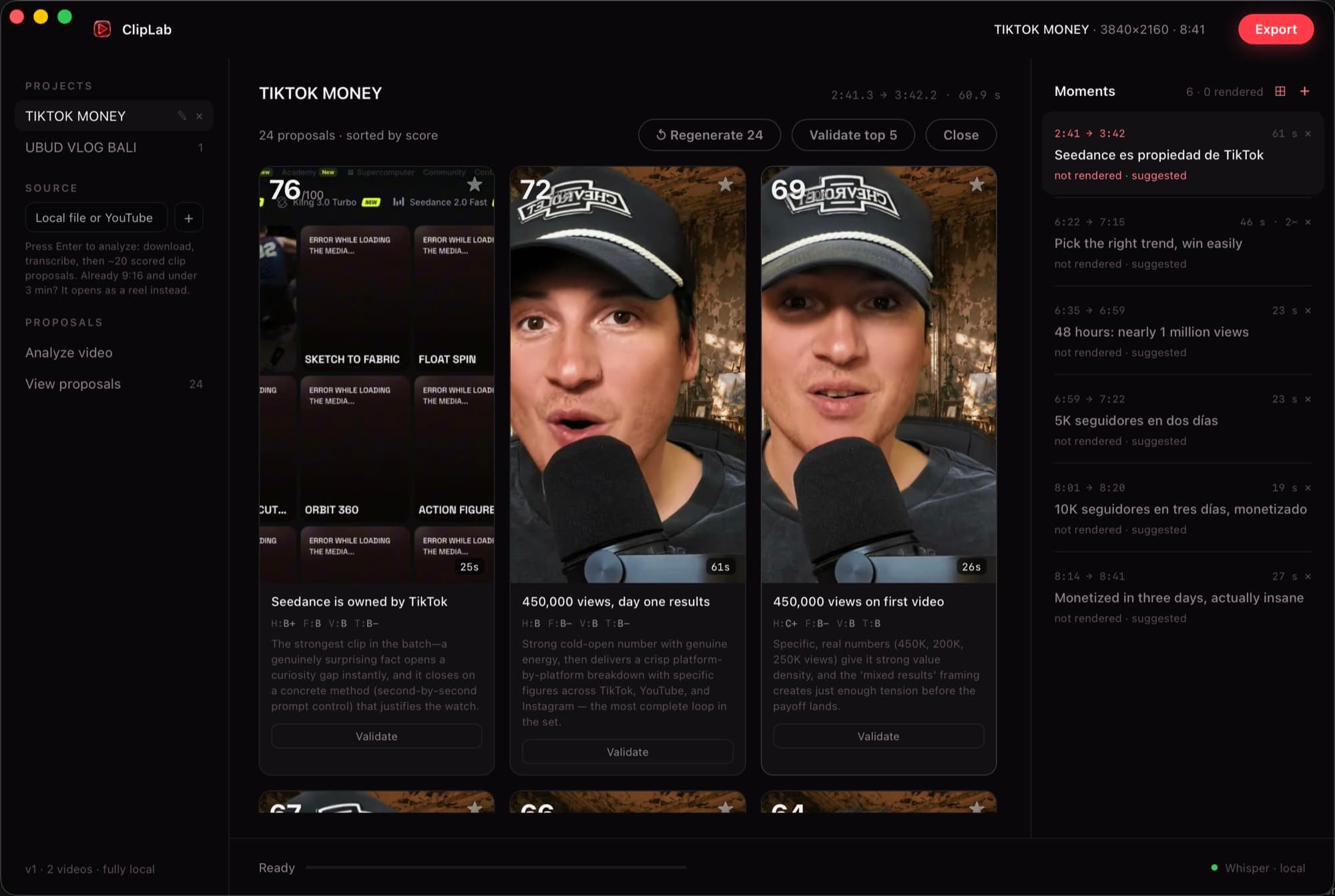 The ClipLab app: a project list on the left, twenty-four scored clip proposals in the middle with their thumbnails and grades, and the moments list on the right.