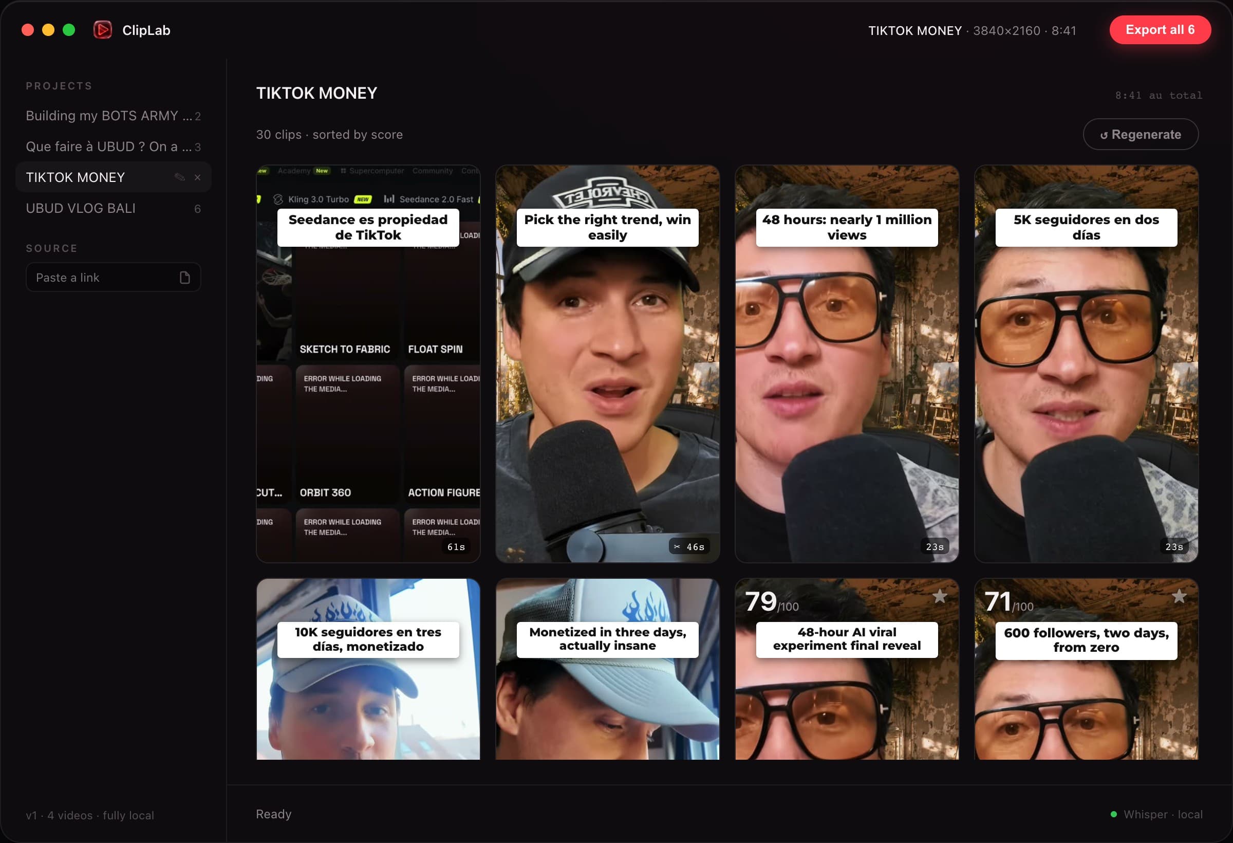 ClipLab project view showing several suggested vertical clips from one recording.