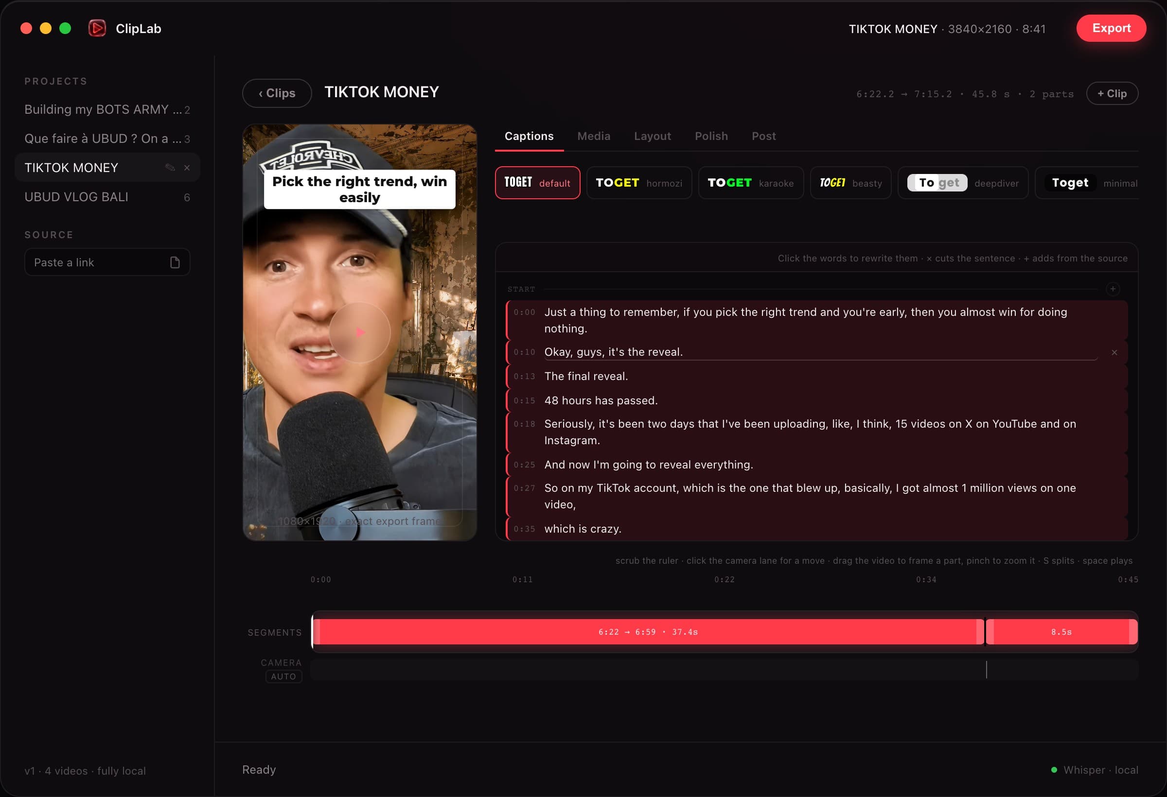 ClipLab editor with a vertical video preview, captions, transcript, and timeline.