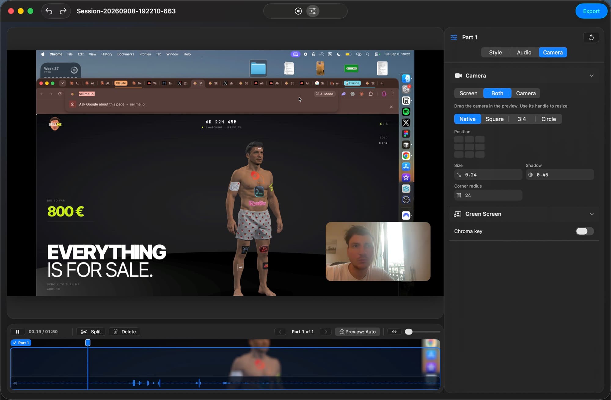 The RecordLab editor: a screen recording in the player with a rounded camera bubble in the corner, the timeline and its waveform underneath, and the camera inspector open on the right.