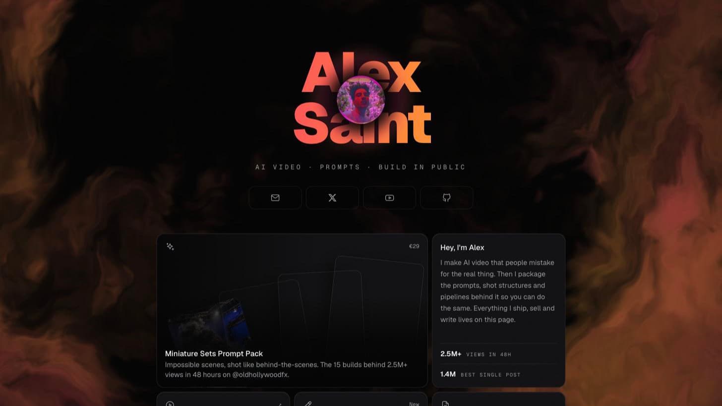 This site’s homepage hero: the Alex Saint wordmark in a pink-to-orange gradient over the WebGL aurora rendered behind it.