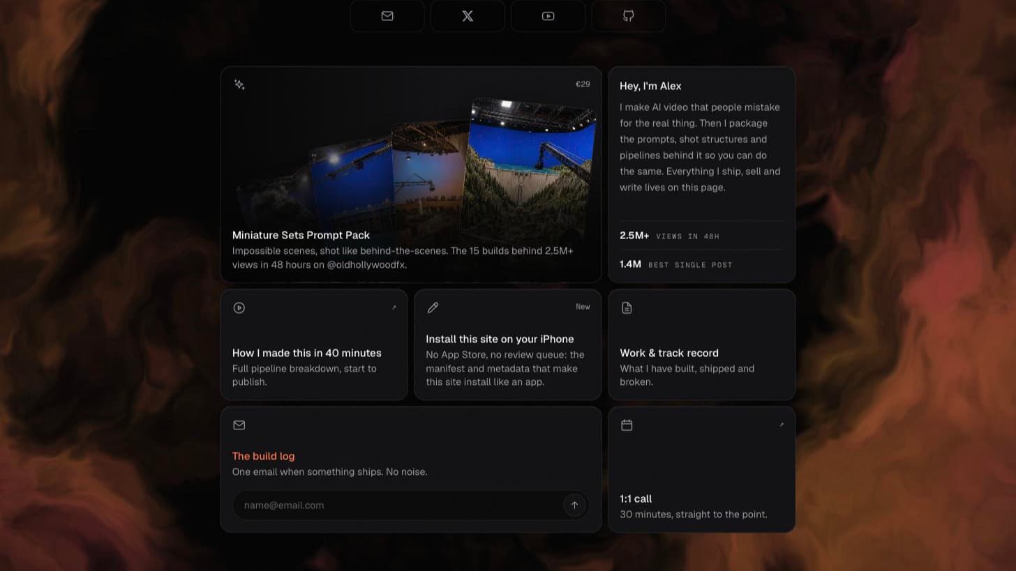 The homepage bento grid: a large product card beside a bio card, with three smaller link cards below, all on the dark aurora backdrop.