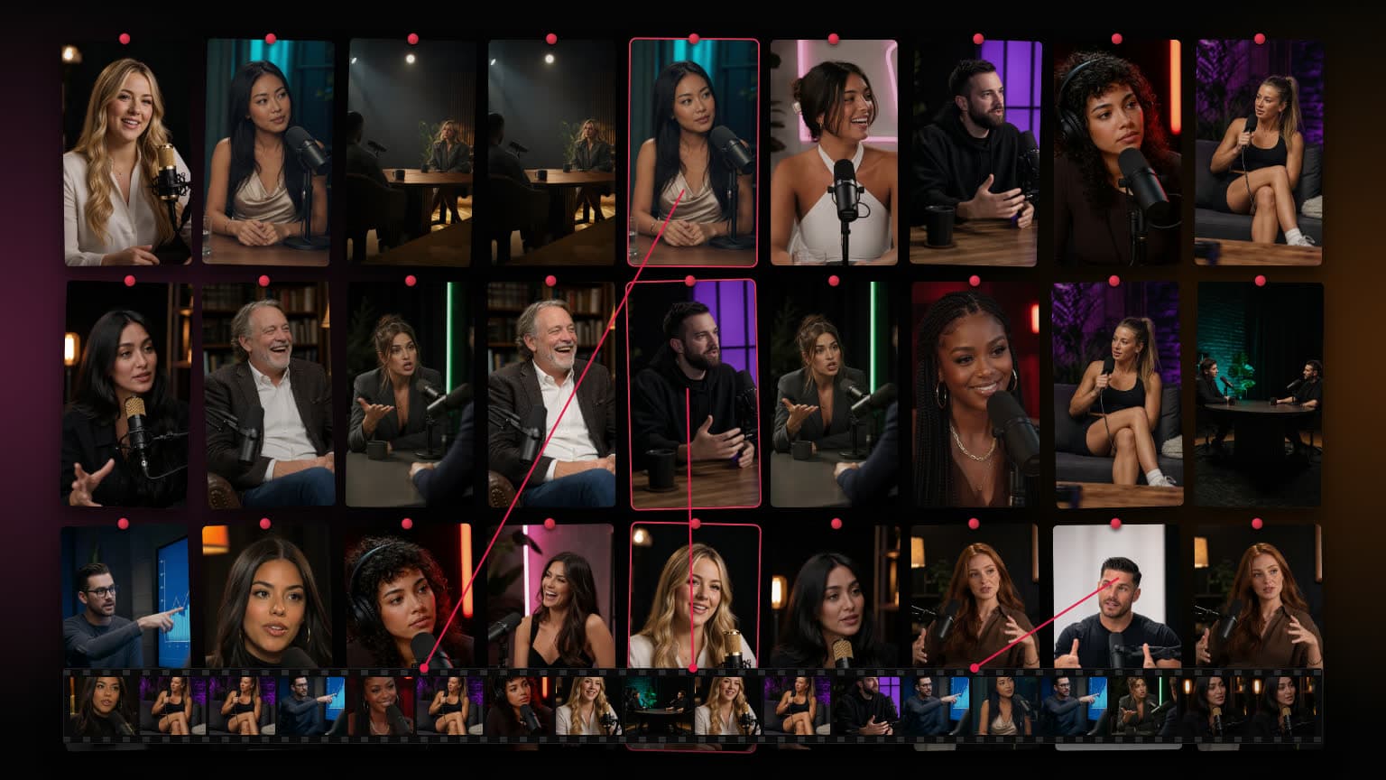 A dark studio wall used as an investigation board, rim-lit pink from the left and orange from the right. About thirty small vertical phone-shaped stills are pinned in a grid across the top; one long horizontal strip of source footage runs along the bottom; three taut red threads connect three of the vertical stills down to three exact points on the strip.