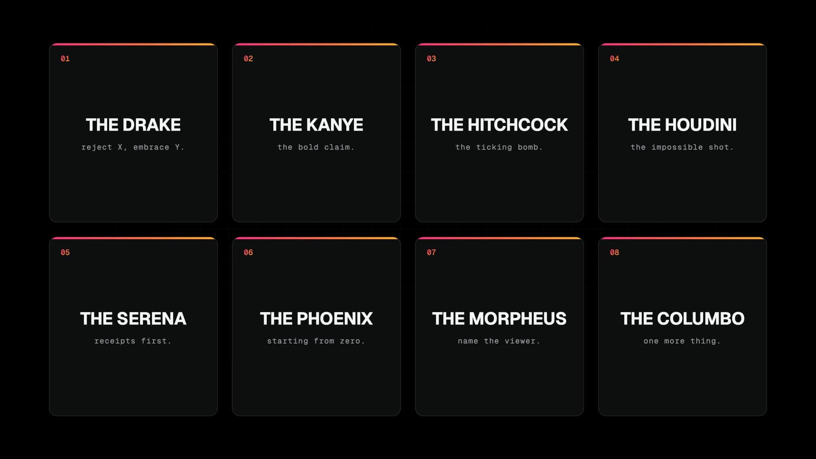 An infographic of eight hook cards laid out in two rows: the Drake, the Kanye, the Hitchcock, the Houdini, the Serena, the Phoenix, the Morpheus and the Columbo, each with a one-line description.