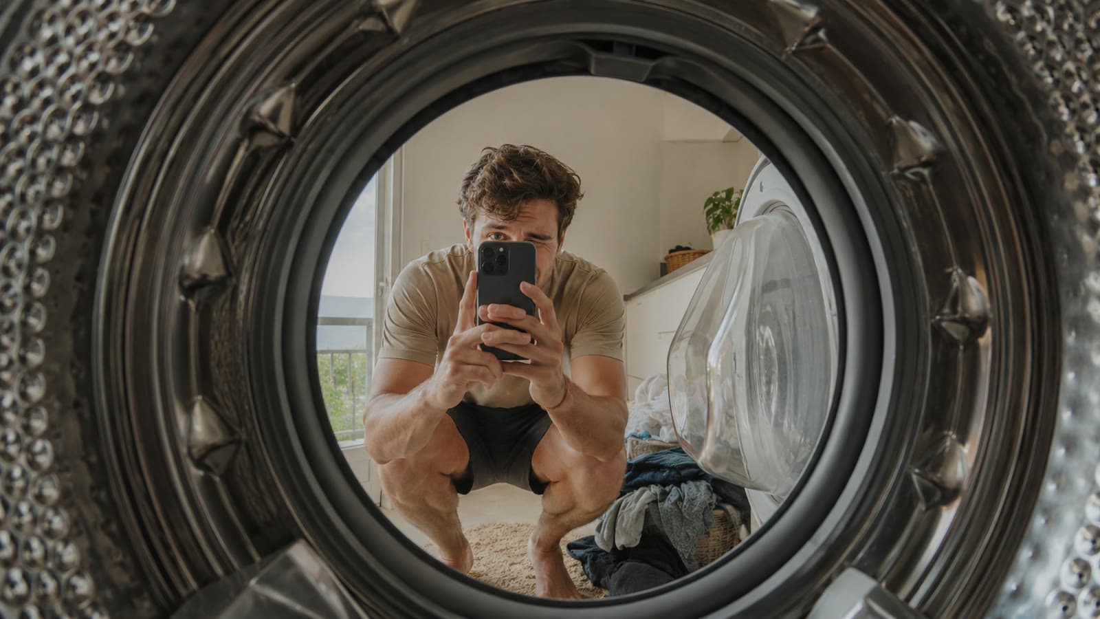 A photograph taken from inside a washing machine drum, looking out through the open round door at a man crouching in a laundry room, pointing a smartphone camera straight at the lens.