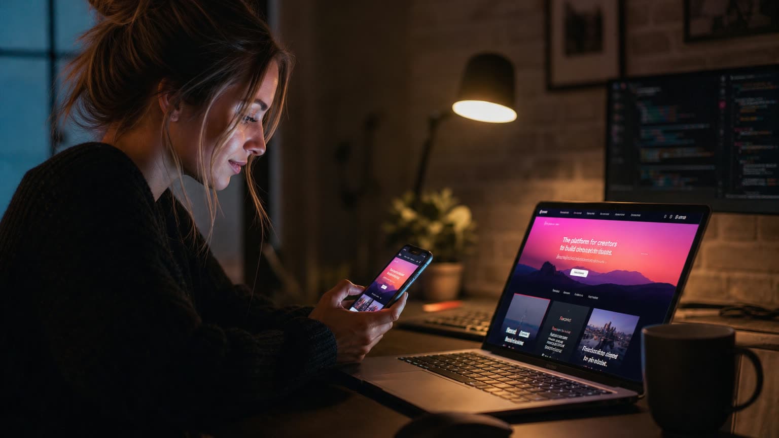 A developer at night with a laptop showing a dark site glowing pink to orange, checking the same page on her phone, both screens lighting her face.