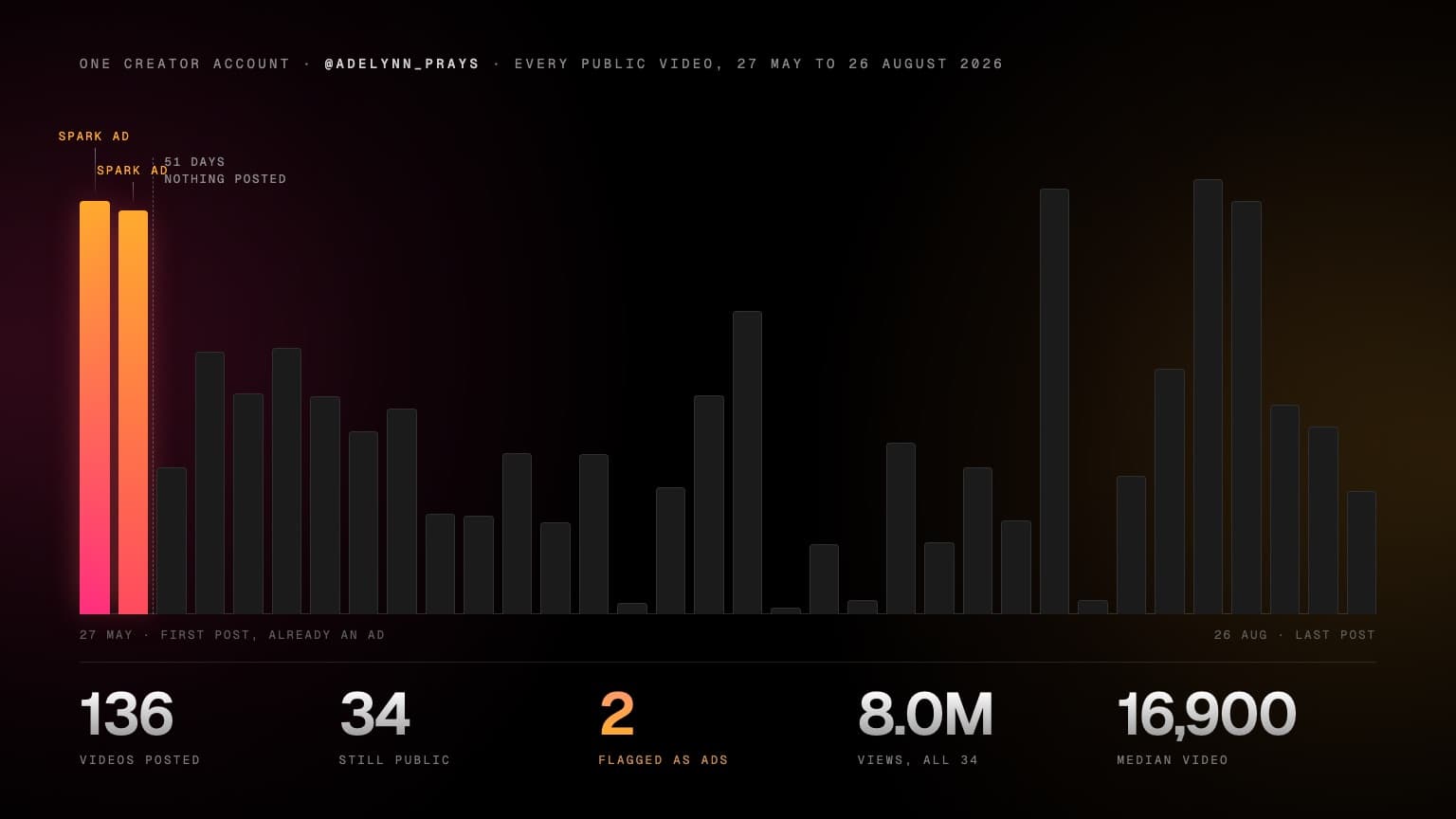 An infographic on black, rim-lit pink from the left and amber from the right: 34 vertical bars, one per public video on a single TikTok creator account, in posting order with height set by view count. The two leftmost bars glow in the pink-to-amber brand ramp and are labelled SPARK AD; the other 32 are near-black. A dashed vertical line between the second and third bar is labelled 51 days nothing posted. Beneath, five silvered numerals: 136 videos posted, 34 still public, 2 flagged as ads in the brand ramp, 8.0M views, 16,900 median video.