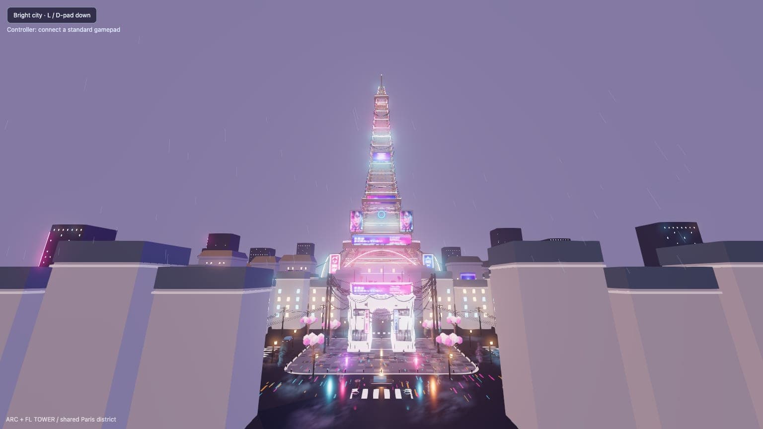 Real ParisRunner browser capture showing the Arc plaza, pink trees, wet paving and FL Tower.