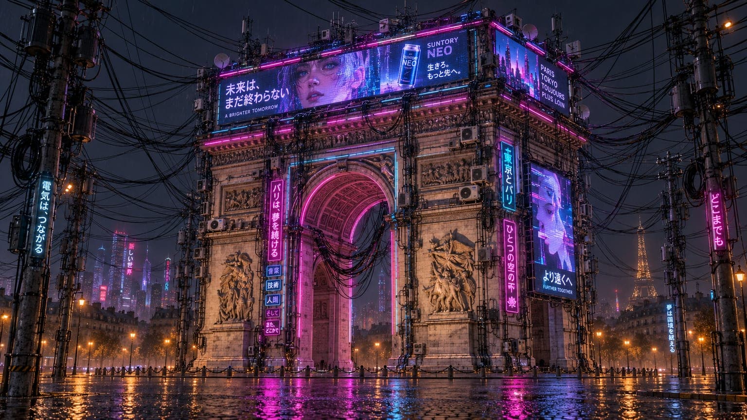 VPS-generated Paris-Tokyo Arc de Triomphe reference with neon advertisements, dense overhead cables and wet stone.