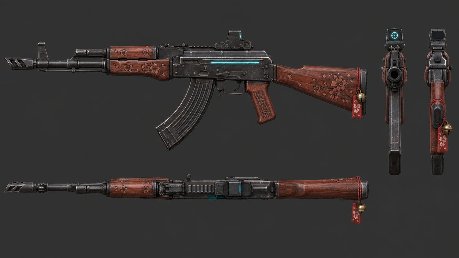 VPS-generated rifle reference sheet showing side, top and end views, material details and a hanging charm.