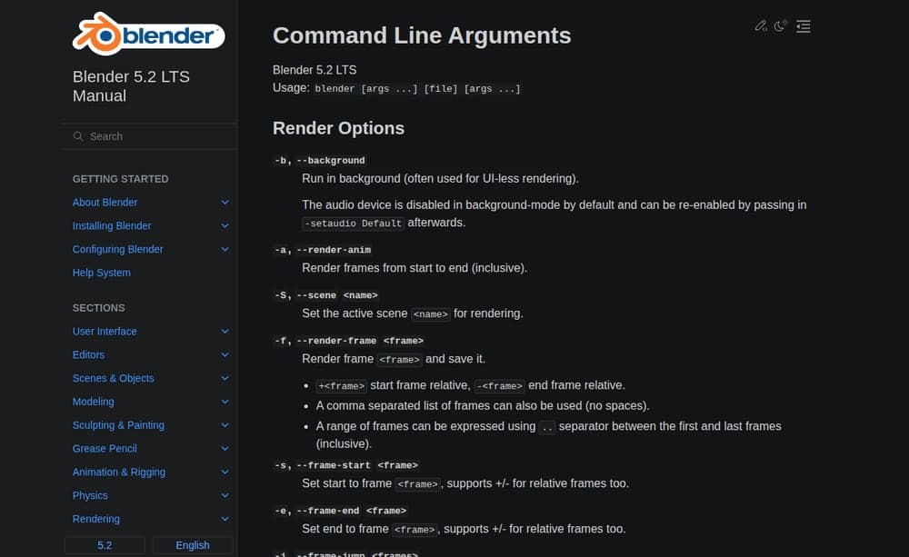 Actual Blender command-line documentation captured on the VPS.