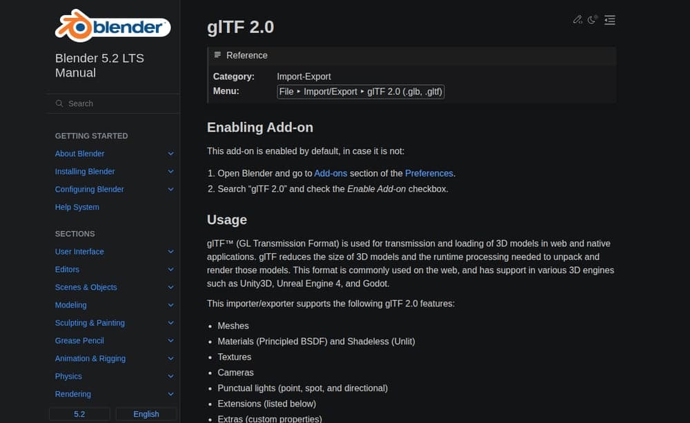 Actual Blender glTF 2.0 manual page captured on the VPS.