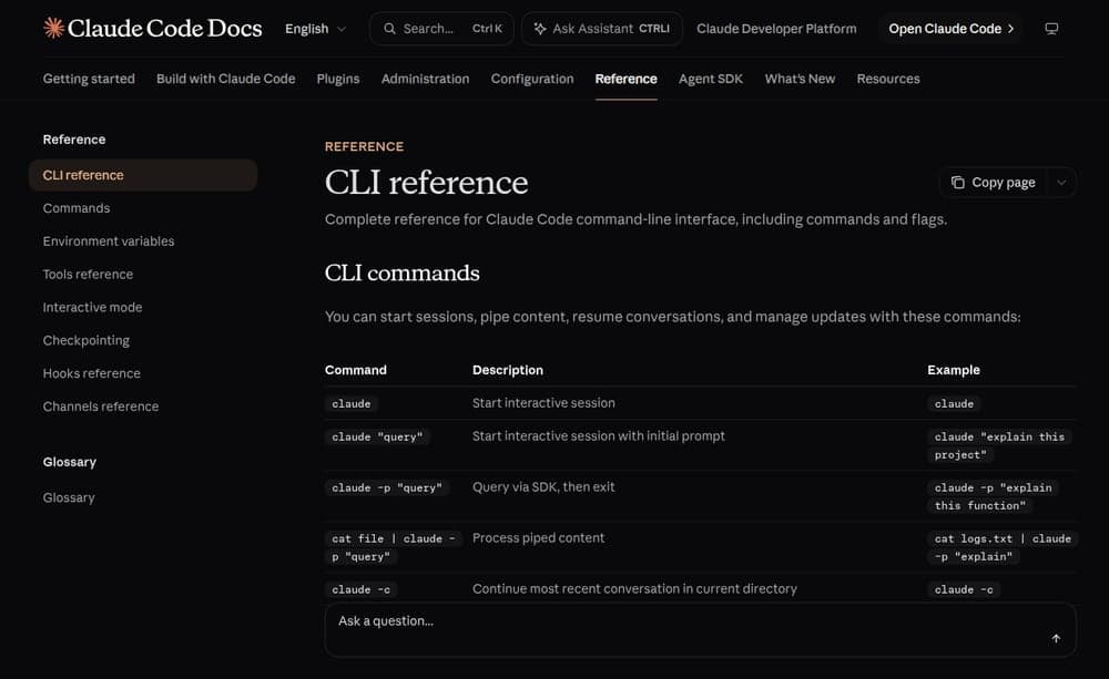 Actual Claude Code CLI reference captured on the VPS.