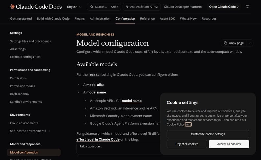 Actual Claude Code model configuration documentation captured on the VPS.