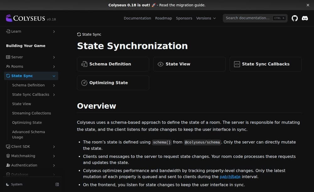 Actual Colyseus state synchronization documentation captured on the VPS.
