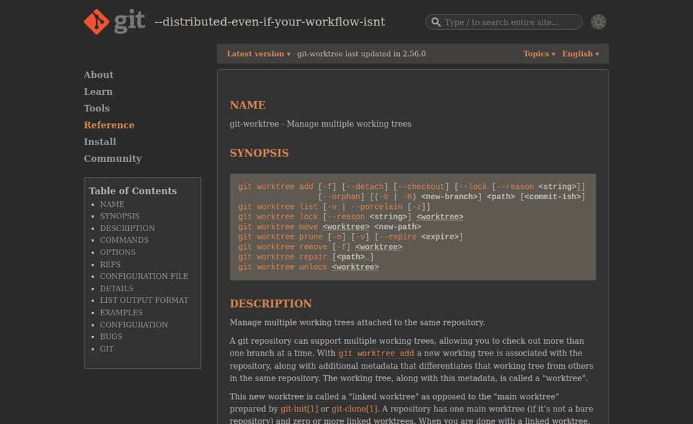 Actual Git worktree documentation captured on the VPS.