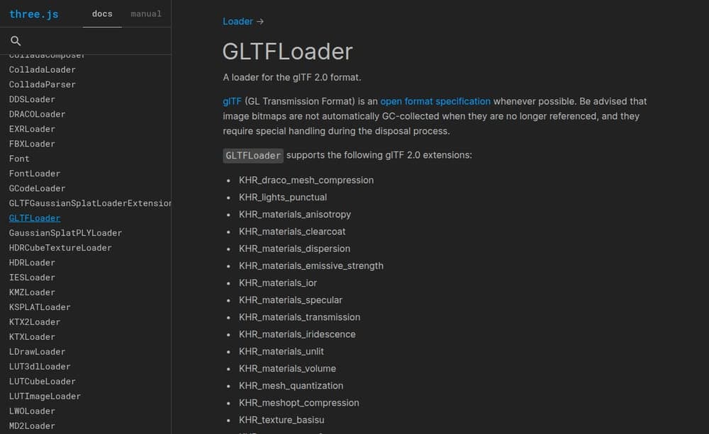Actual Three.js GLTFLoader documentation captured on the VPS.