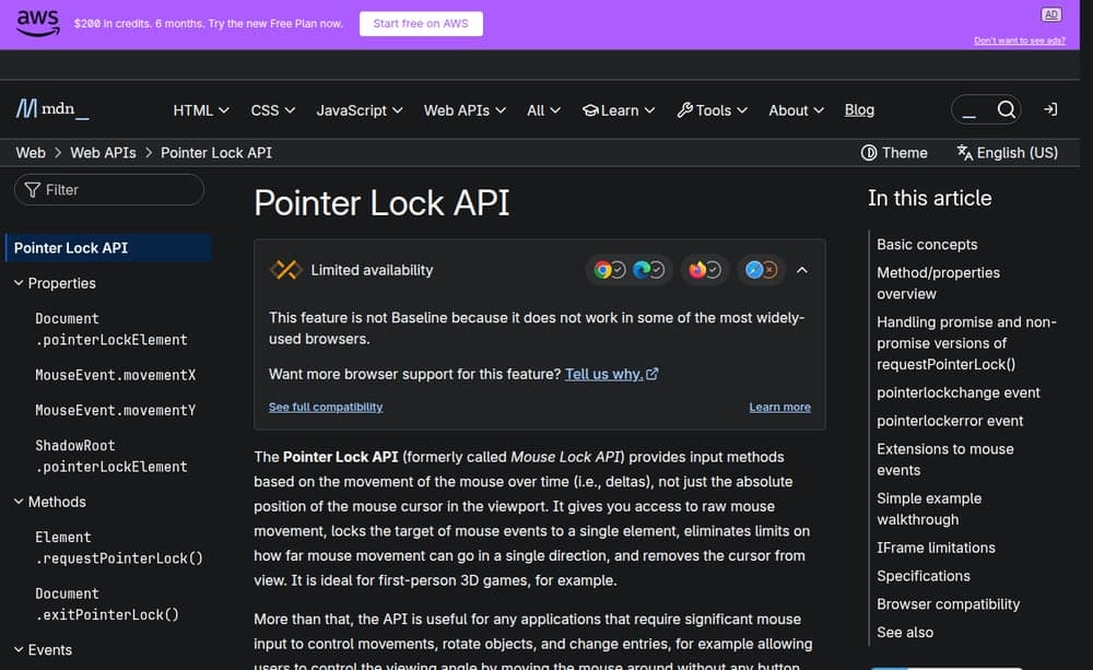 Actual MDN Pointer Lock API documentation captured on the VPS.