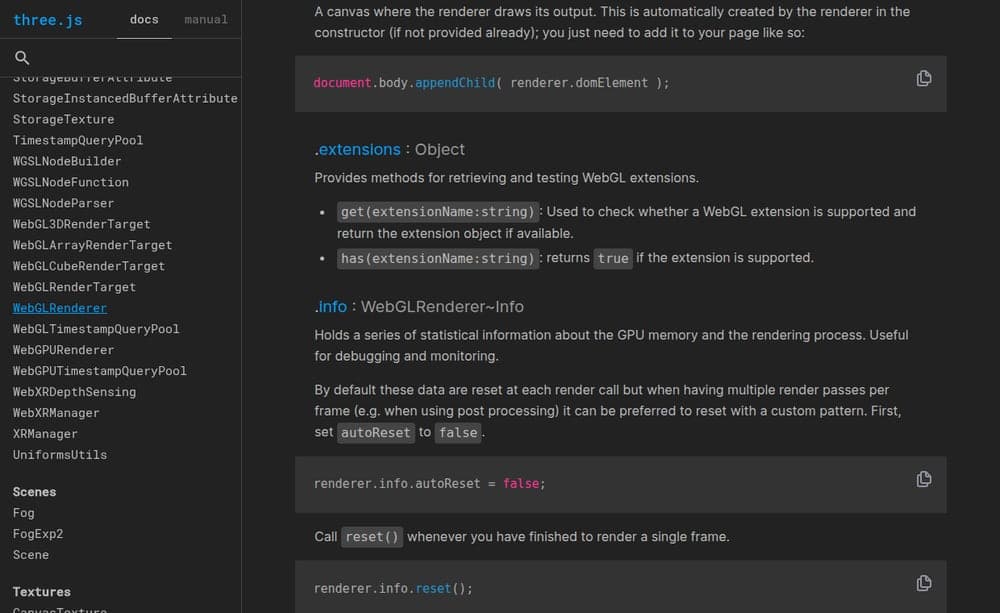 Actual Three.js renderer statistics documentation captured on the VPS.