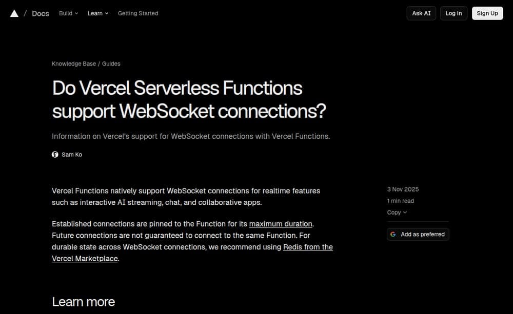 Actual Vercel WebSocket hosting guidance captured on the VPS.