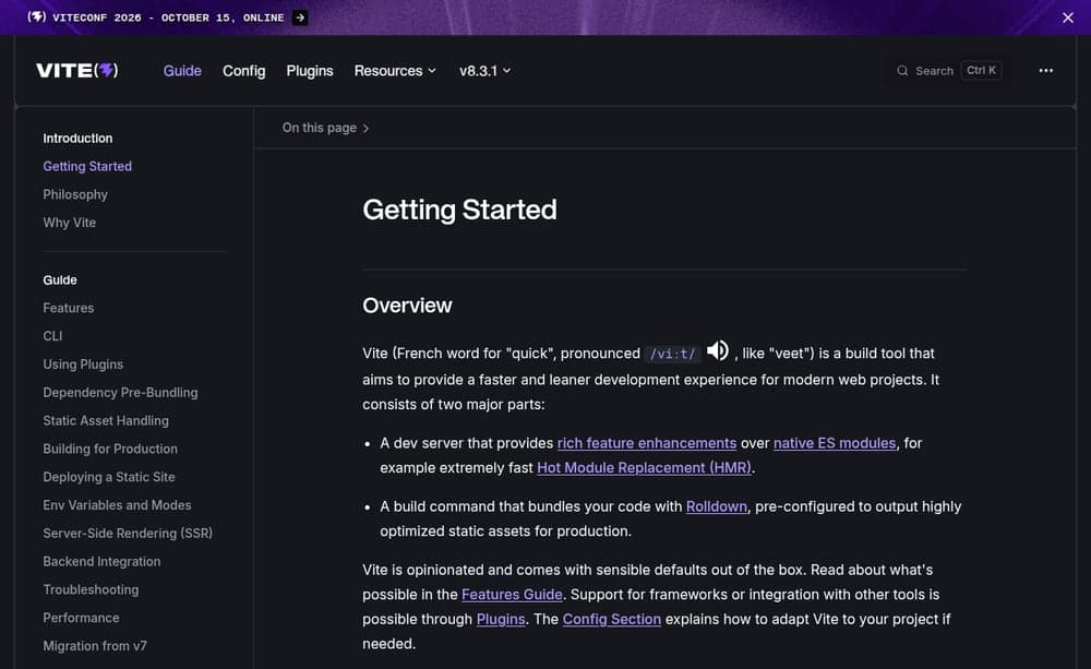 Actual Vite Getting Started page captured on the VPS.