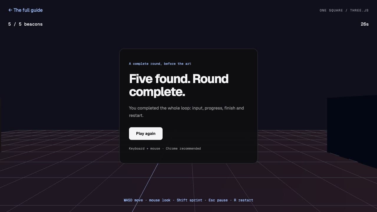 Real starter win screen showing all five beacons collected and the Play again button.