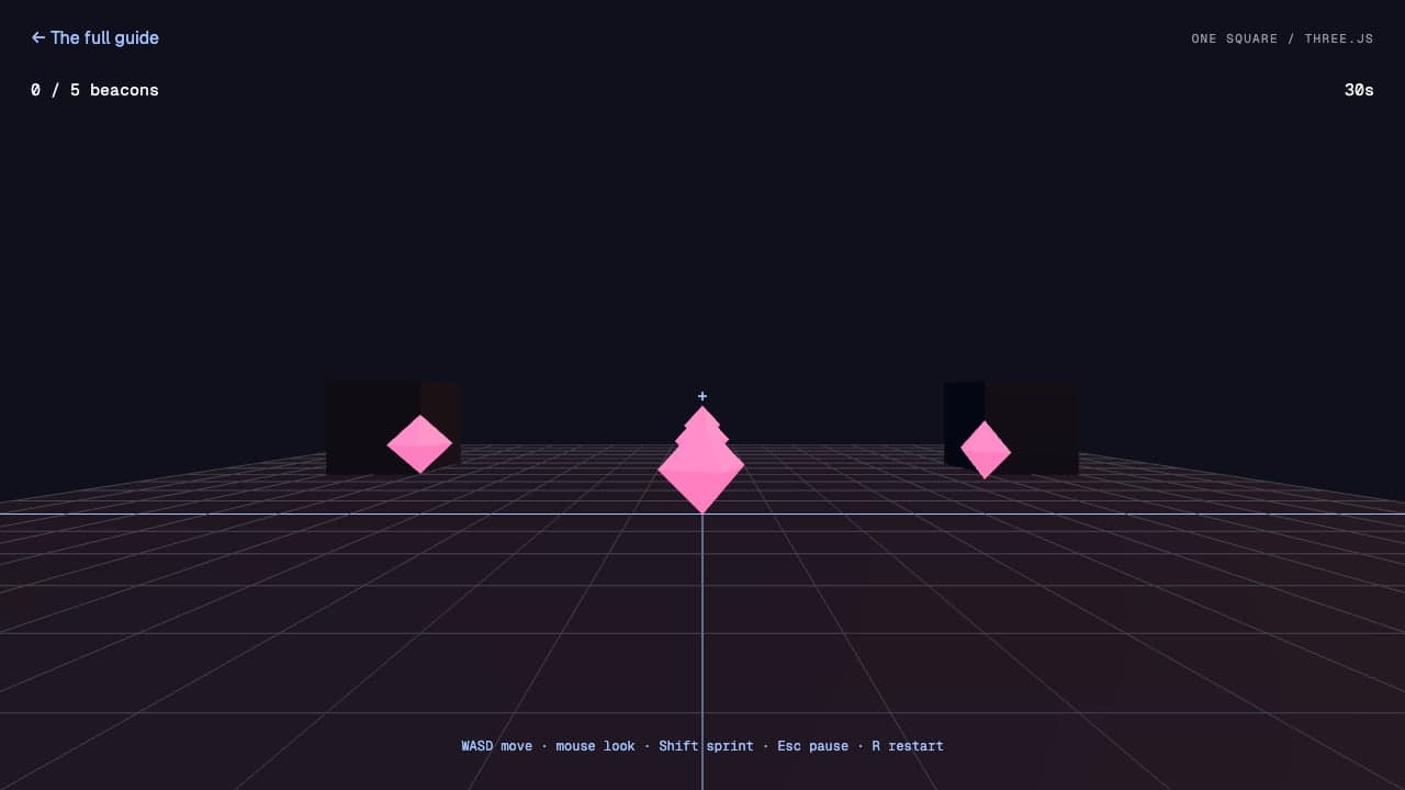 Real browser capture of the starter's first-person greybox square, with light beacons, a collection counter and round timer.