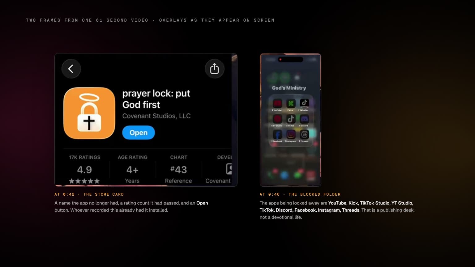 Two frames from one 61 second video on a black studio wall, rim-lit pink from the left and amber from the right. Left: an App Store card reading prayer lock: put God first, Covenant Studios, LLC, with an Open button, 17K RATINGS 4.9, AGE RATING 4+, CHART #43 Reference. Right: an iPhone home screen showing a folder titled God's Ministry containing YouTube, Kick, TikTok Studio, YT Studio, TikTok, Discord, Facebook, Instagram and Threads, each icon carrying an hourglass Screen Time badge.