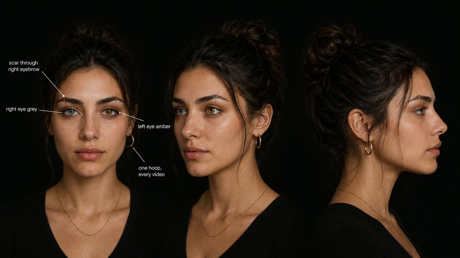 A character design sheet of an AI UGC model from three angles, with thin annotation lines calling out her quirks: one amber eye and one grey eye, a thin scar through the right eyebrow, a single gold hoop earring.