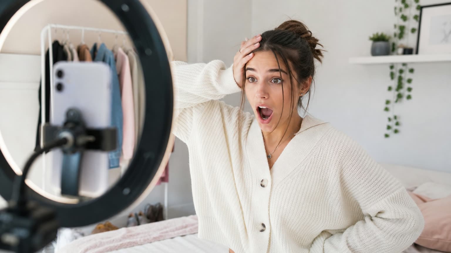 A creator filming herself with a phone on a tripod and ring light, frozen mid shocked expression with a hand on her head, bright bedroom studio.