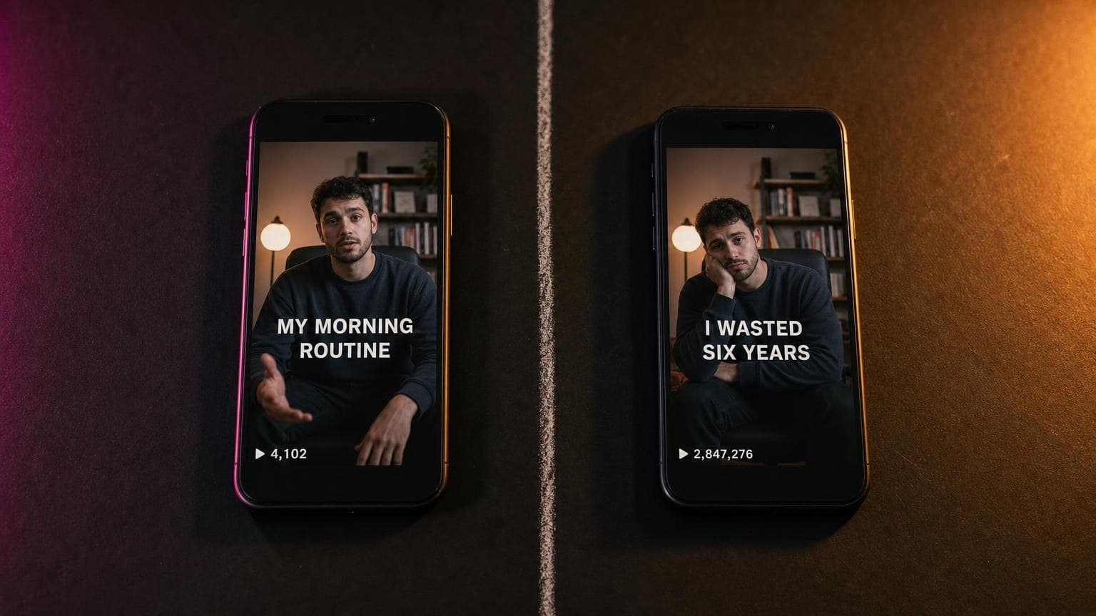 Two phones lying flat on a black desk, shot from overhead, both playing the same seated speaker in the same room at two different moments. The left screen reads MY MORNING ROUTINE over four thousand views; the right reads I WASTED SIX YEARS over 2.8 million.