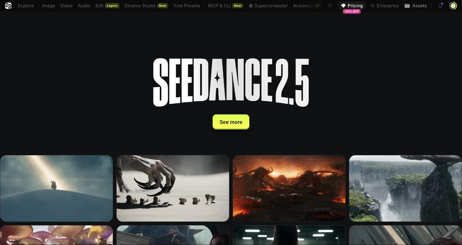 The real Seedance 2.5 page on higgsfield.ai: the white condensed SEEDANCE 2.5 wordmark with a four-pointed sparkle in the A, above a grid of cinematic video thumbnails, with the Higgsfield navigation bar along the top.