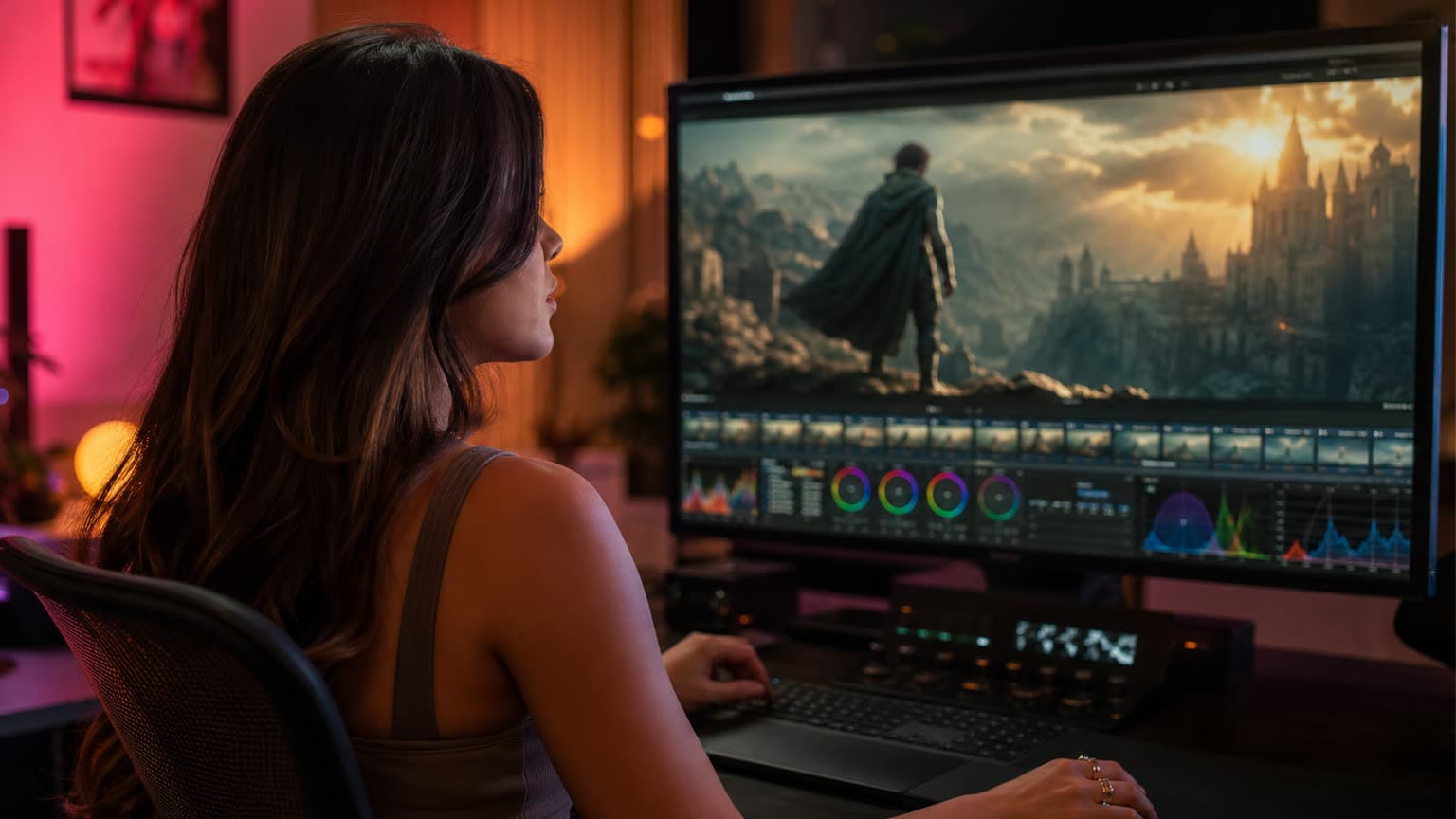 A creator in a dark edit suite reviewing a cinematic fantasy shot on a large monitor, her face lit by the screen, pink and orange practicals behind.