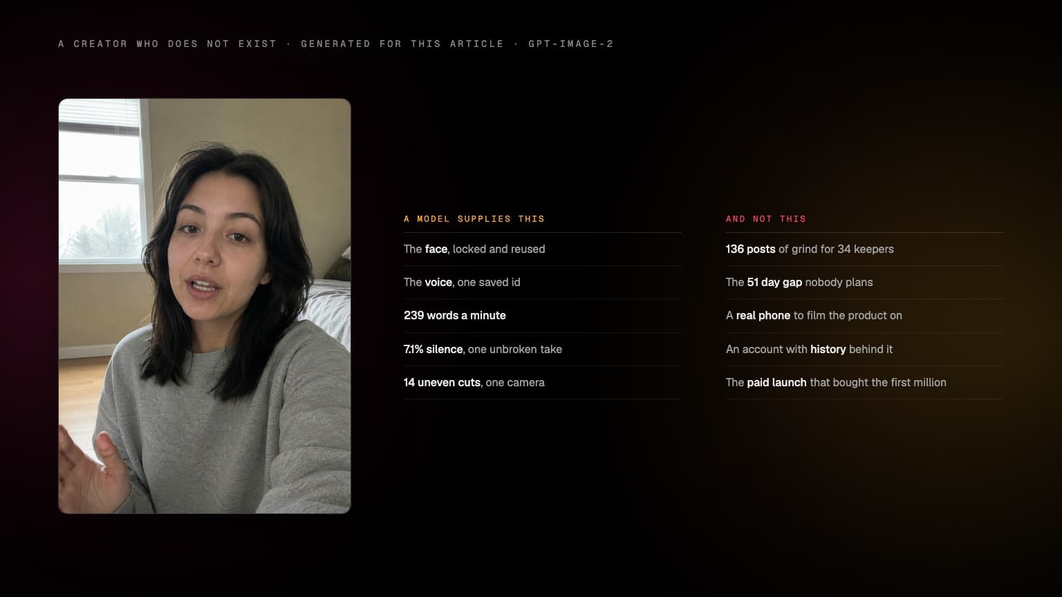 A photorealistic smartphone reel still of a fictional young woman with dark shoulder-length hair in a plain grey sweatshirt, sitting on the floor of an ordinary bedroom, talking mid-sentence to a front-facing phone camera in flat daylight, shown as a vertical panel on a black studio wall rim-lit pink from the left and amber from the right, beside the measured spec she would have to hit.