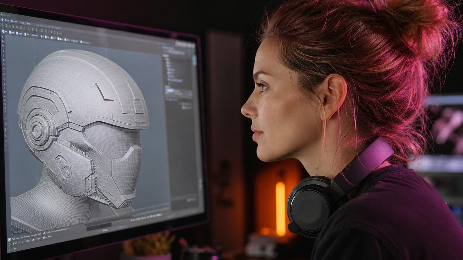 A 3D artist with headphones around her neck in front of a large monitor showing an untextured grey sci-fi helmet in a wireframe viewport, dark studio with pink and orange rim light.