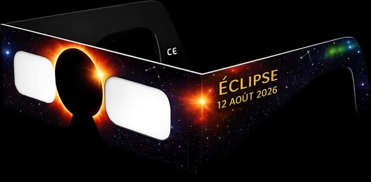Gafas de cartón para eclipse, montura impresa con un cielo estrellado, lentes de filtro solar.