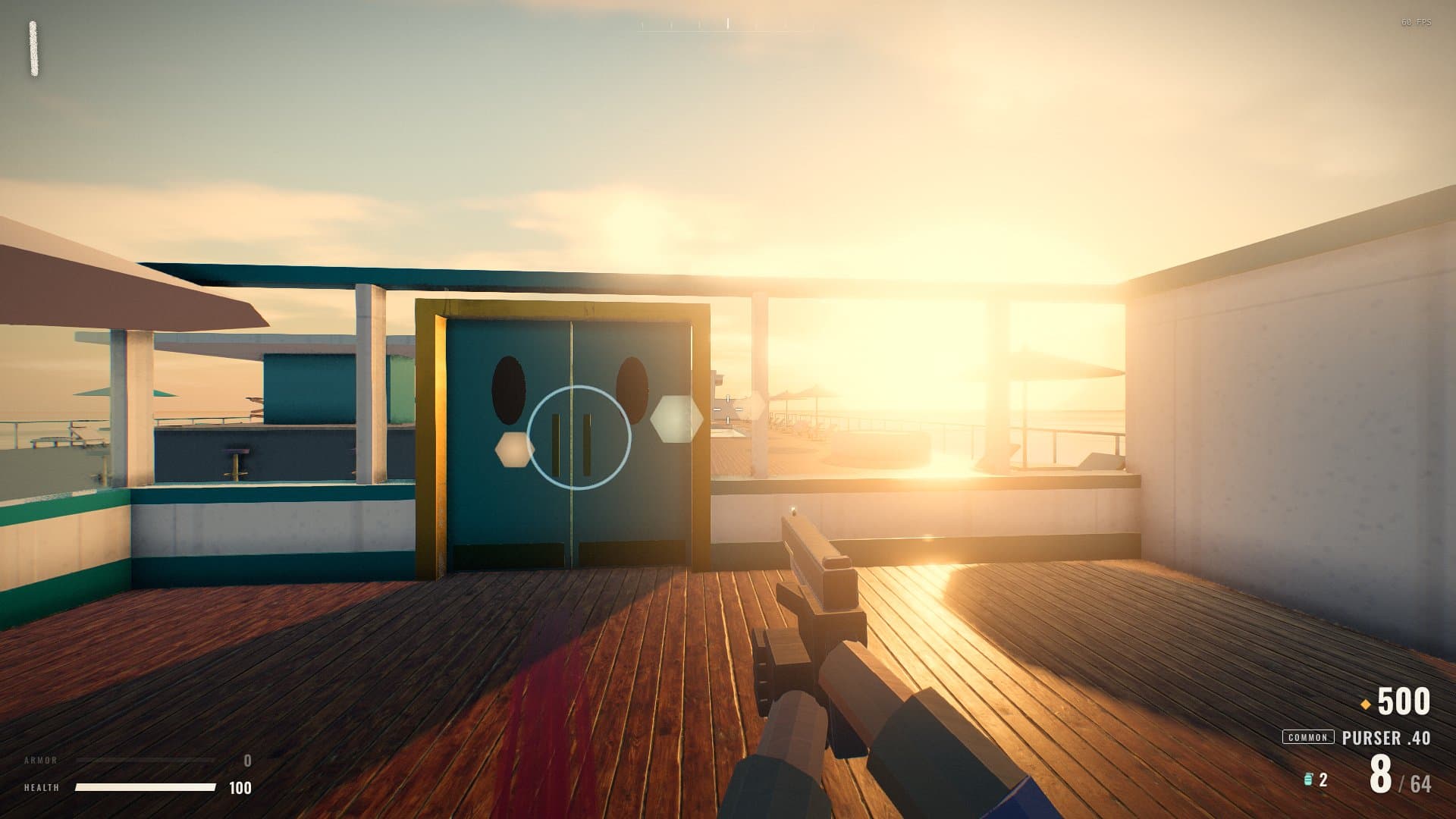 An actual frame of Dead Wake aboard its cruise ship, with the first-person weapon and survival HUD.