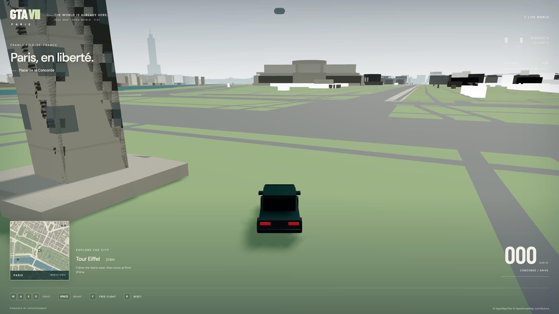 An actual frame of the GTA7 Paris driving sandbox, showing Paris map geometry, the car and minimap.