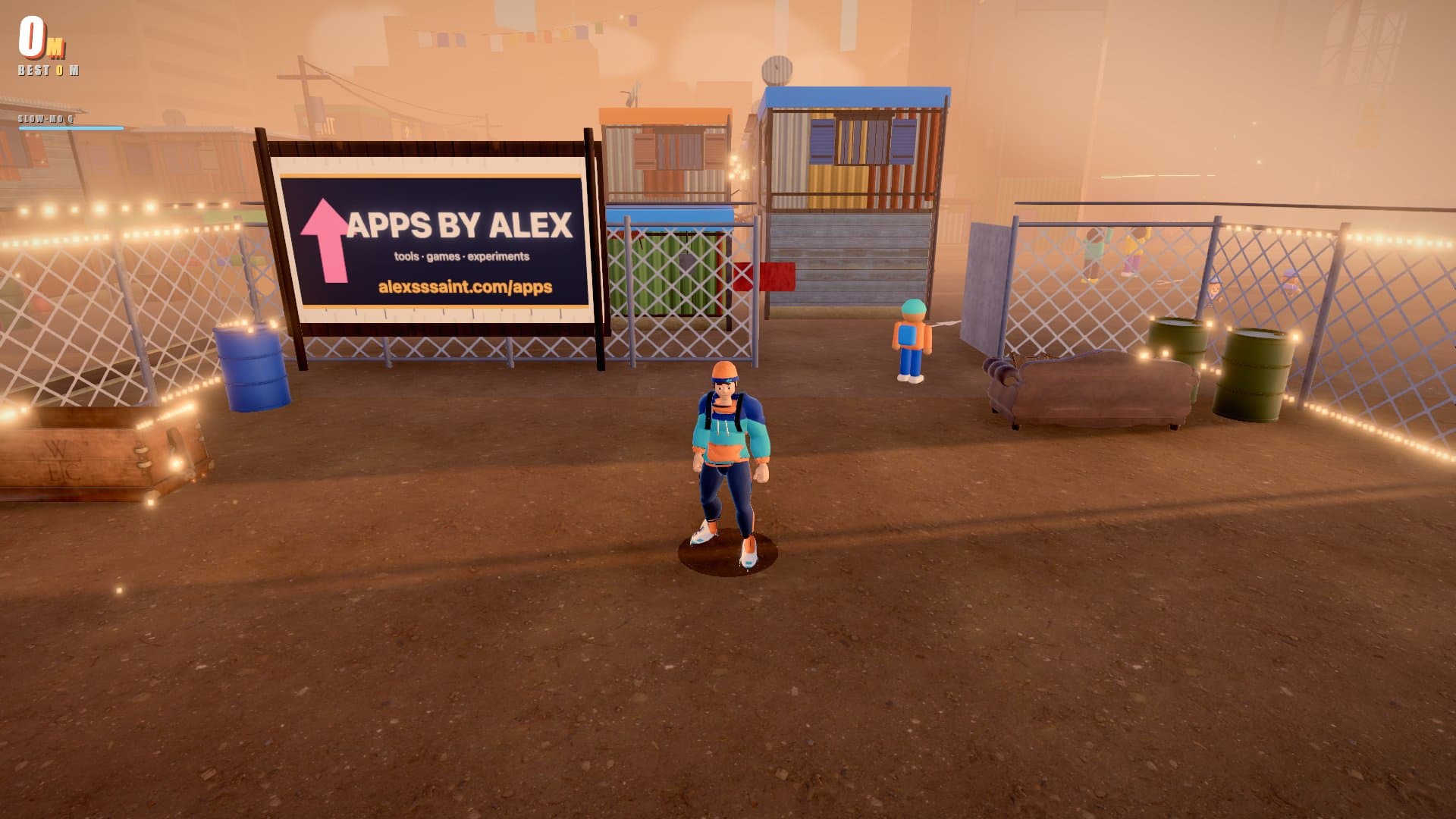 An actual frame of Only Up: the player at street level below the vertical city climb.