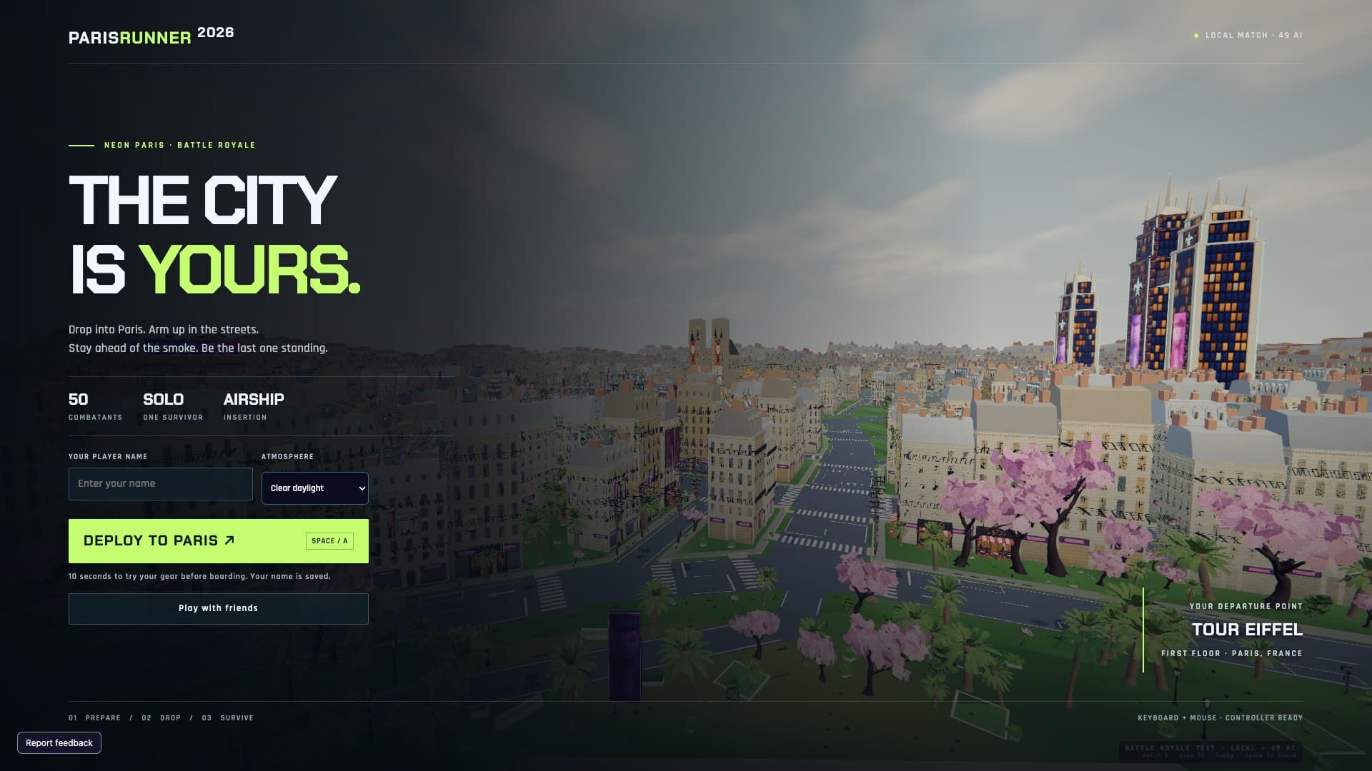 Paris Runner 2026 lobby: Deploy to Paris beside a live view over the city from the Eiffel Tower, with player-name and atmosphere controls.